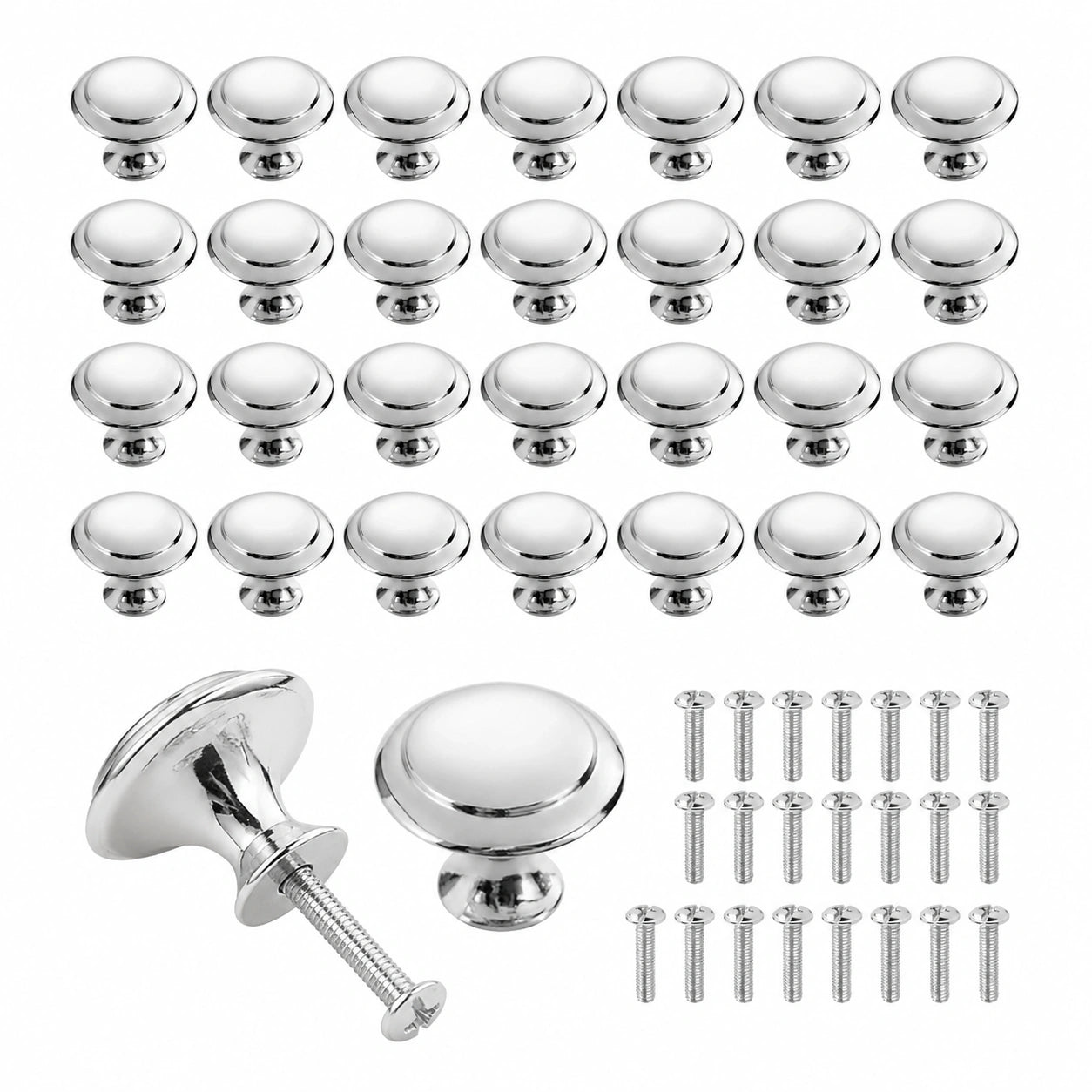 24er Set Edelstahl Möbelknöpfe rund, Schubladen- und Schrankgriffe, 30x23mm, Silber