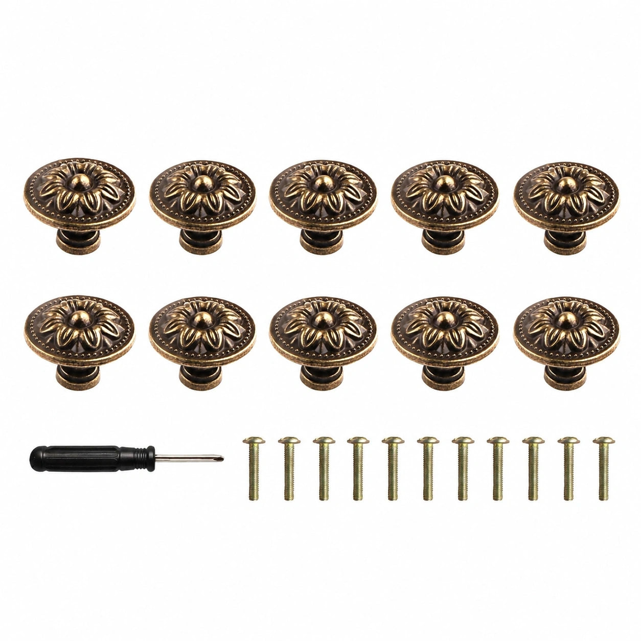 Antike Schrankknöpfe Set 12-teilig, 30mm Rund, Vintage Blumenmuster mit Schrauben und Schraubendreher, für Schränke und Möbel, Bronzeoptik