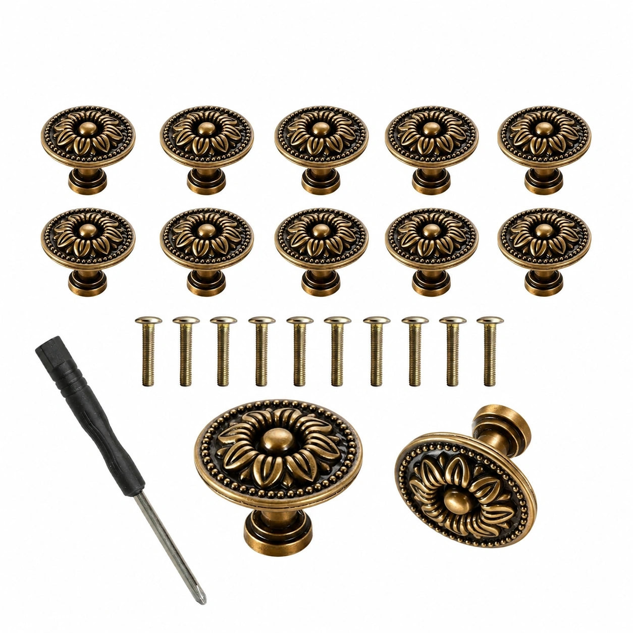 12er-Set Vintage Schrankknöpfe - Retro Bronze 30mm mit Blumenmuster, inklusive Schrauben und Schraubendreher, ideal für Schubladen und Kleiderschränke