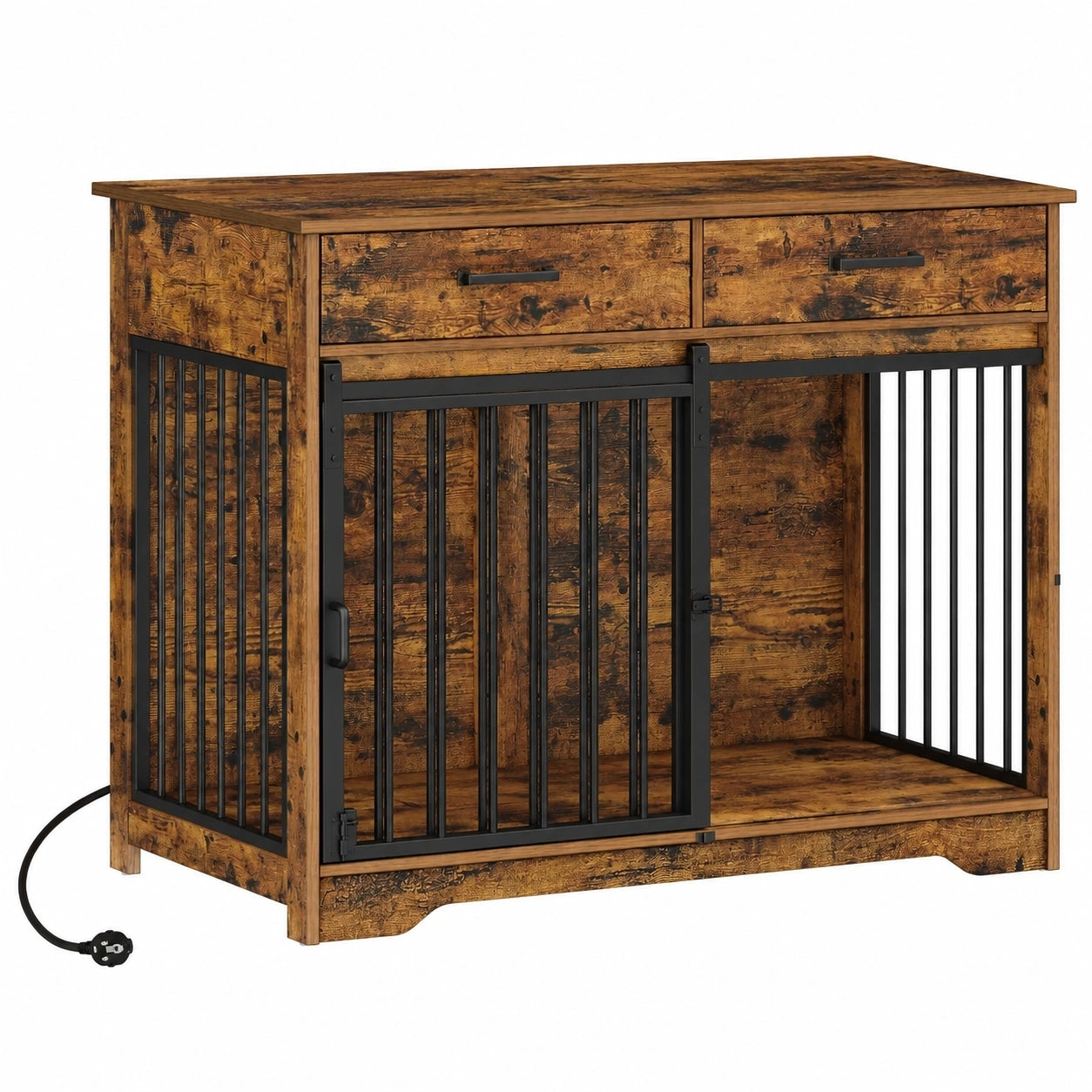 Hzuaneri Hundemöbel mit Elektroanschluss, Vintage Hundebox im Scheunentor-Stil mit Schiebetür & 2 Schubladen, 3-Türen Sideboard für mittelgroße und große Hunde, 97 x 56 x 81 cm, Vintage-Braun