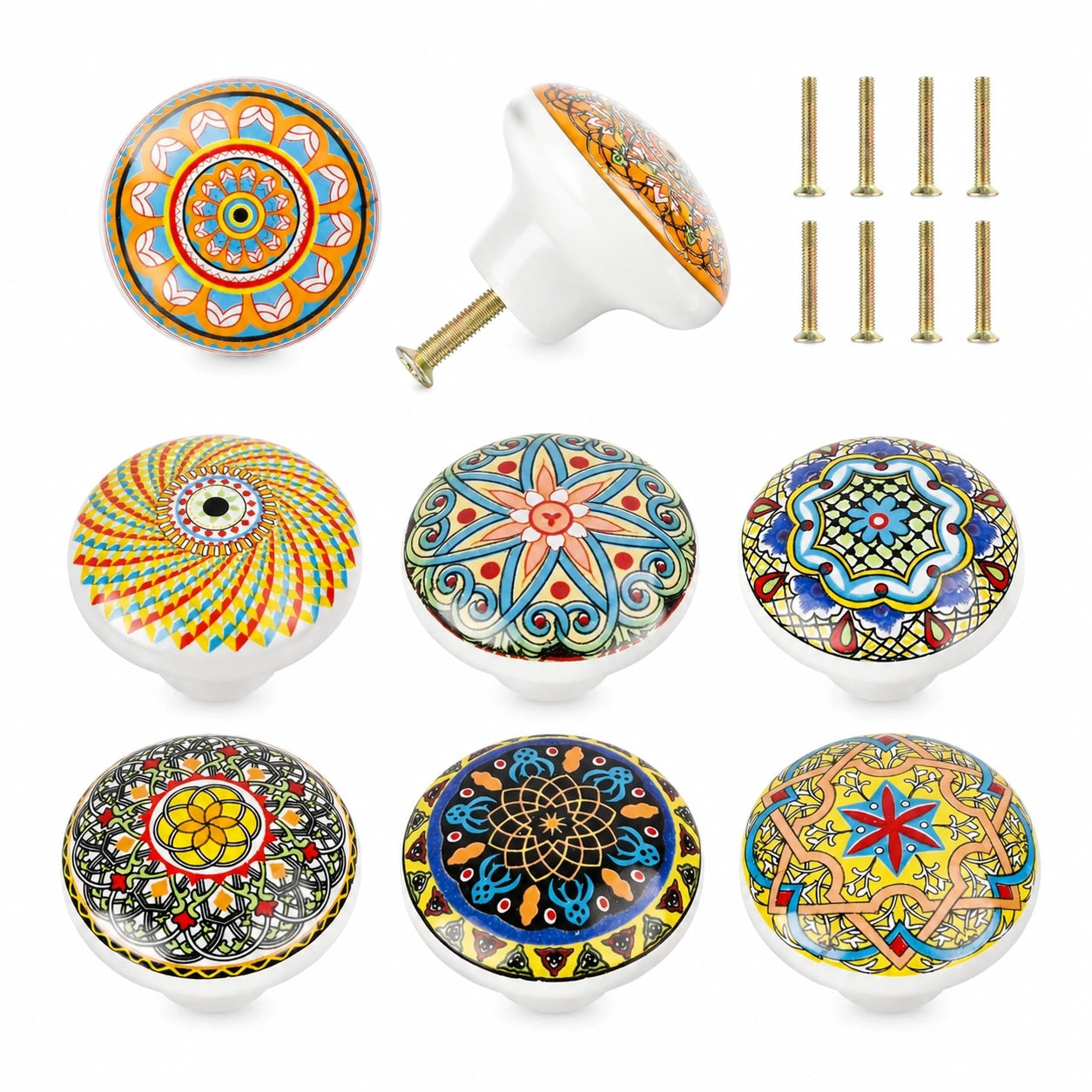 Set aus 8 Keramikknöpfen im Boho-Stil, 39 mm Rundknöpfe für Schubladen und Schränke, vielseitige Muster